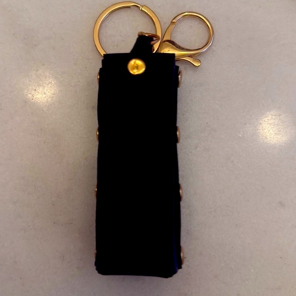 Vegan leather lip balm/lipstick case keychain with jeweled accent and gold tone. - Picture 4 of 4